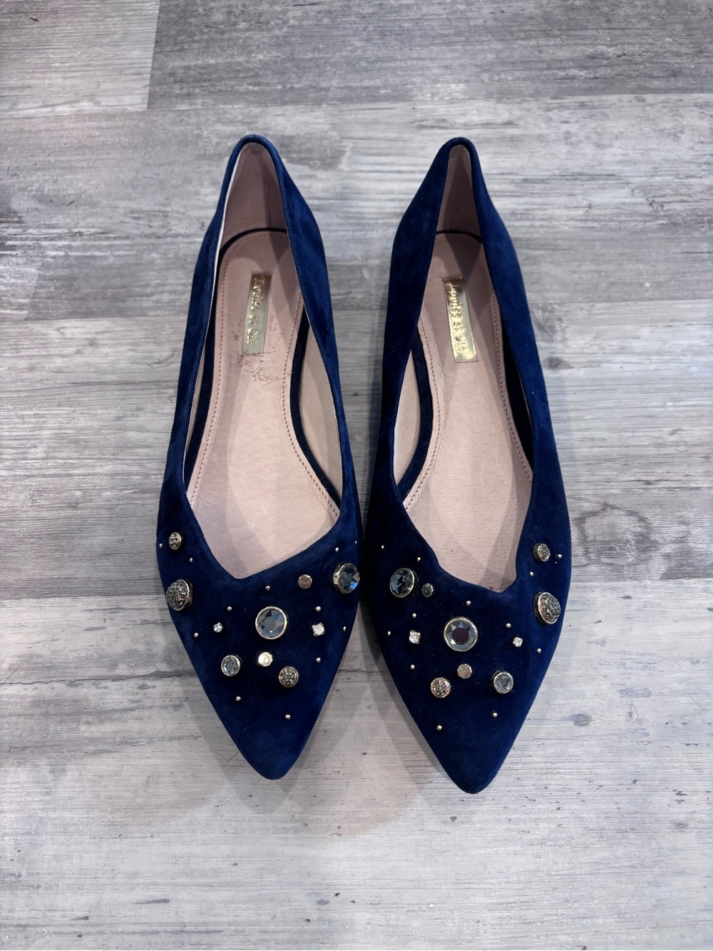 Louise et Cie Navy Suede Pointed Toe Flats with Crystal Studs